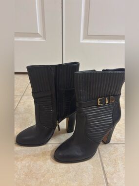 Vince Camuto Black Quilted High-Heel Ankle Boots with Gold Buckle